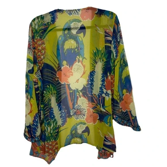 Soft Surroundings Tropical Curaçao Parrot Embroidered Kimono Cover Up Med - Picture 6 of 7